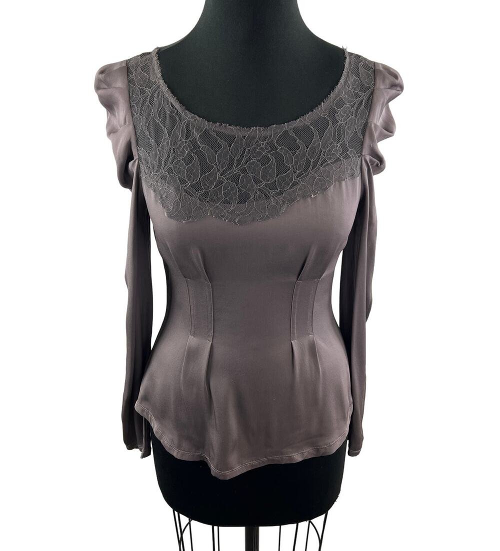 Ace Delivery Purple Top Silk Stretch Lace Scoop Ruffle Long Sleeve Blouse XS?